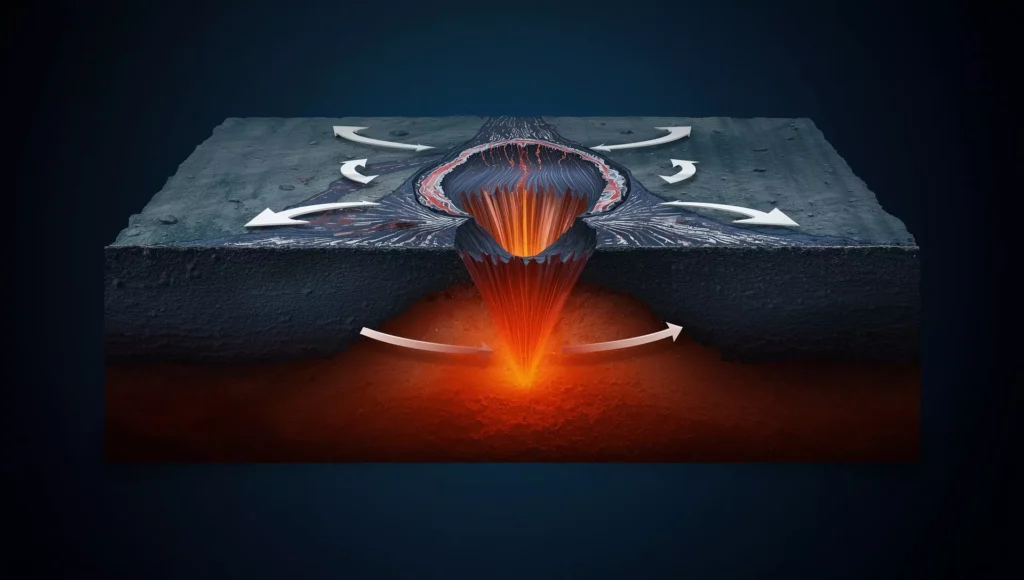 
Illustration of mid-ocean ridge volcanoes forming new seafloor as tectonic plates move apart.
