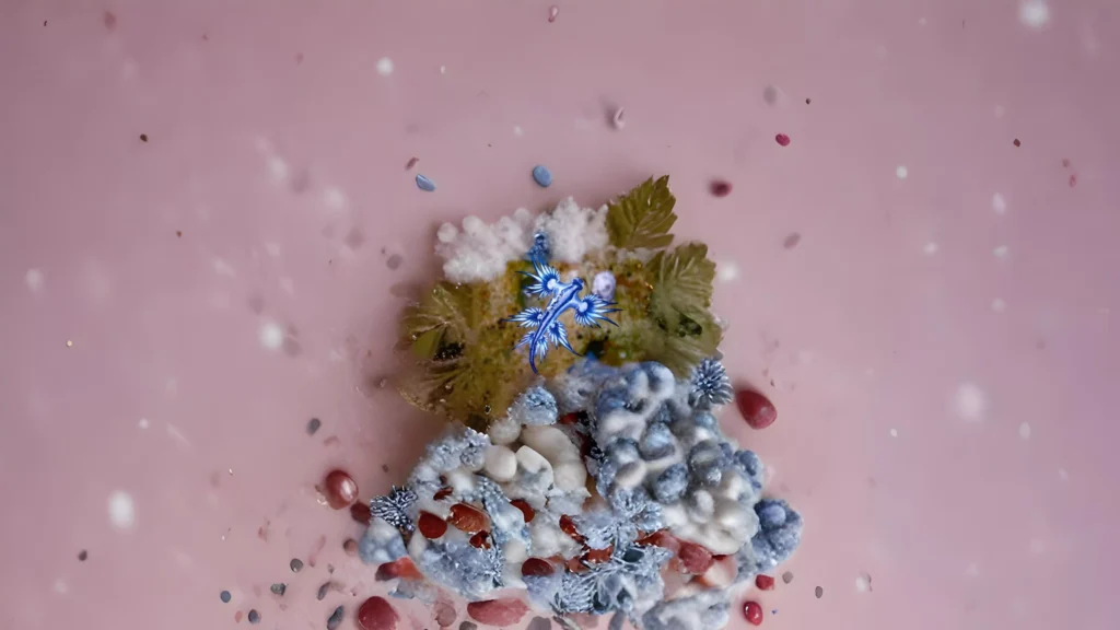 
 Glaucus atlanticus sea slug showing shiny silver and blue colors with dragon-like arms floating underwater.