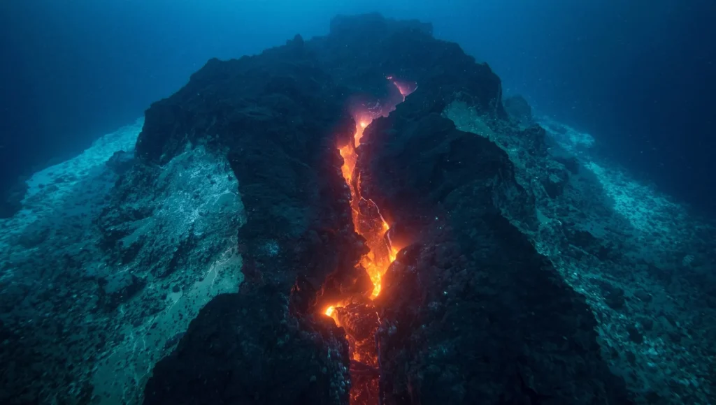 Subduction zone showing magma creation and underwater volcano formation as one tectonic plate sinks beneath another.