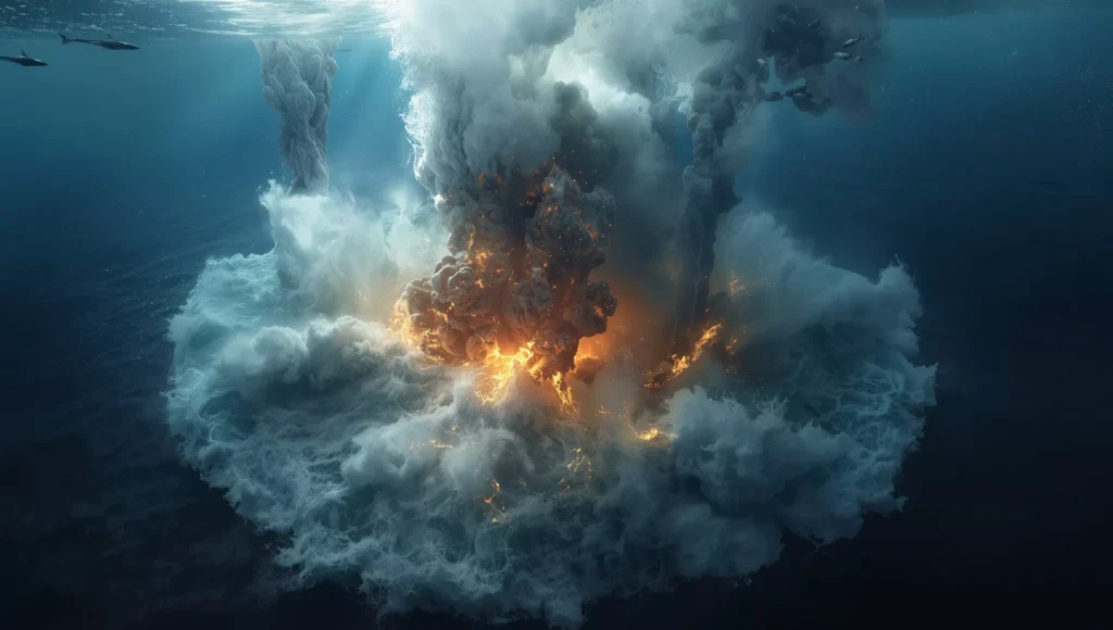 
Underwater volcanic eruption creates waves that can lead to tsunamis across the ocean.