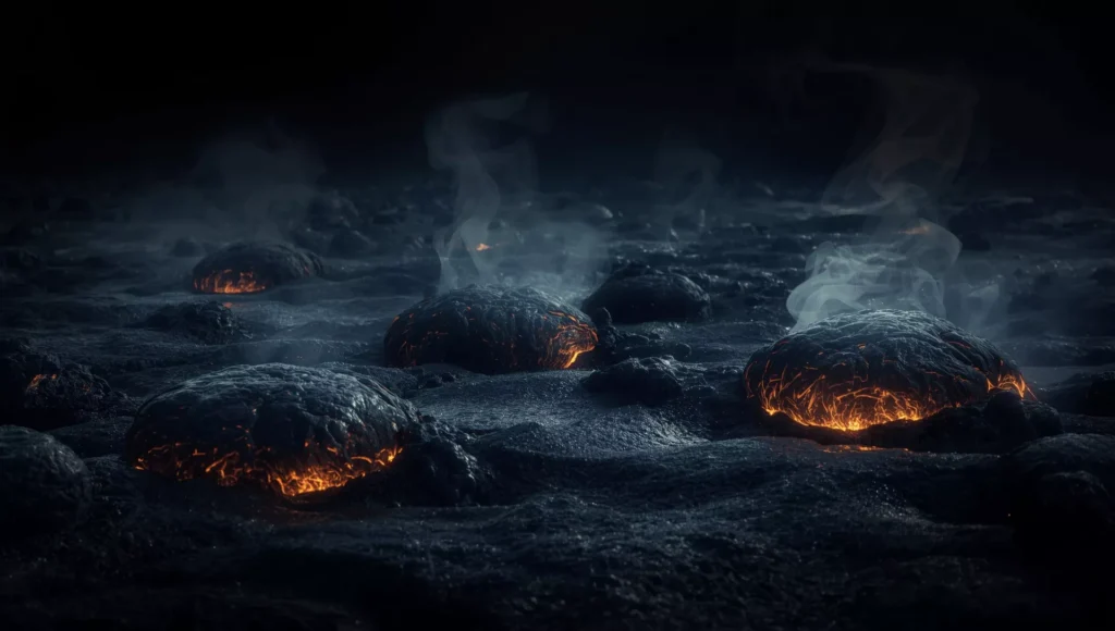 Pillow lavas formed from underwater volcanic eruptions, showing smooth, rounded rocks on the ocean floor.