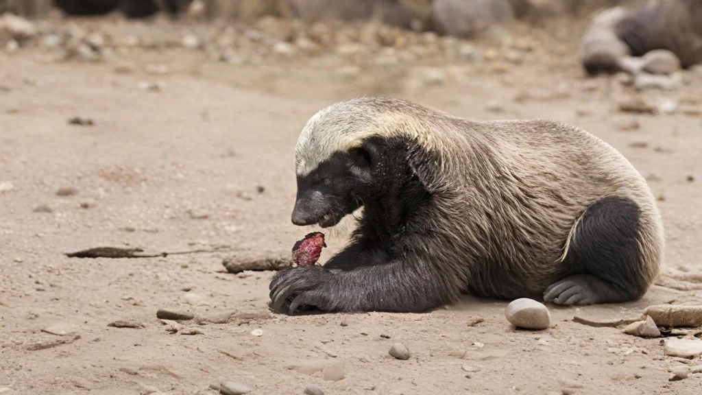 A honey badger ratel sitting on the ground and eating a piece of meat demonstrating its varied diet and strong jaw for securing food