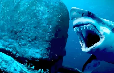 A great white shark's open mouth and teeth face a darker, larger marine animal.