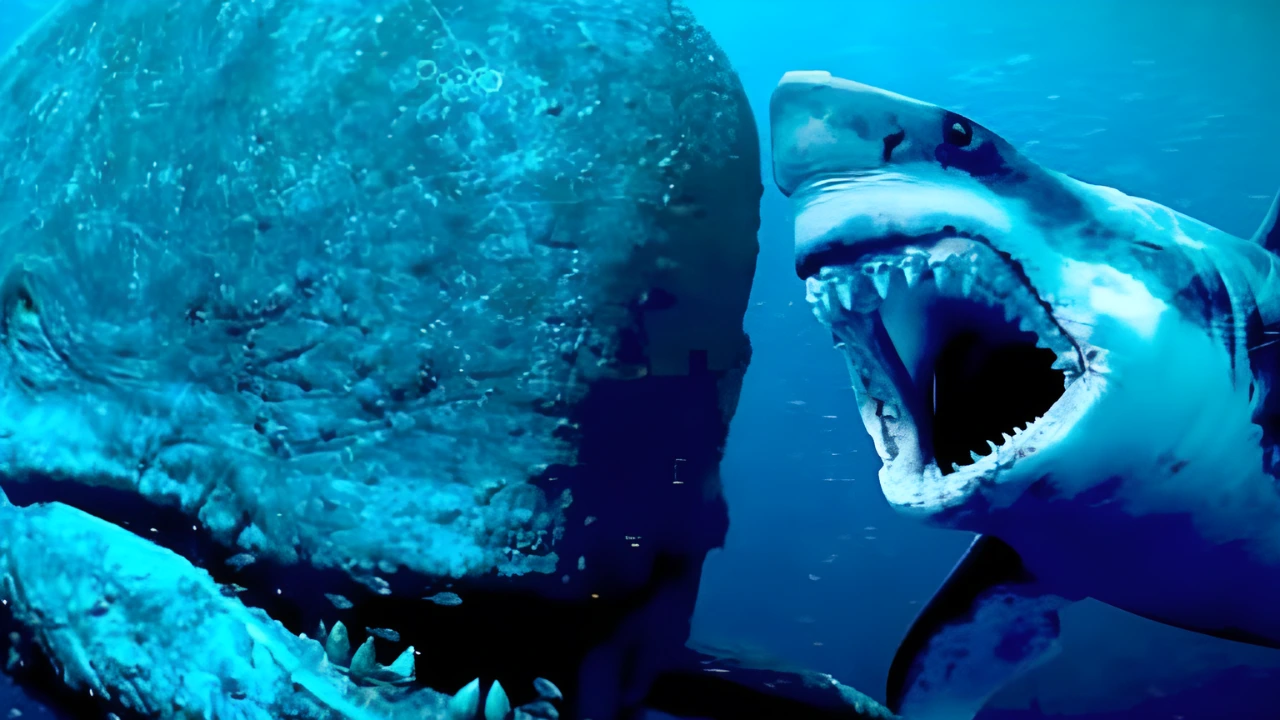 A great white shark's open mouth and teeth face a darker, larger marine animal.