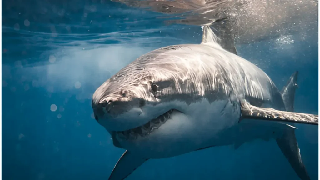Close-up underwater view of a Great White Shark's head and face, showing its powerful snout and slightly visible teeth.do Sharks have lungs