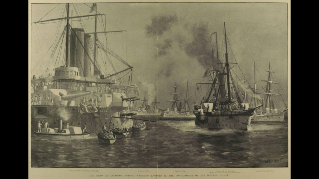 Illustration of British warships firing cannons at the Zanzibar waterfront during the 1896 bombardment