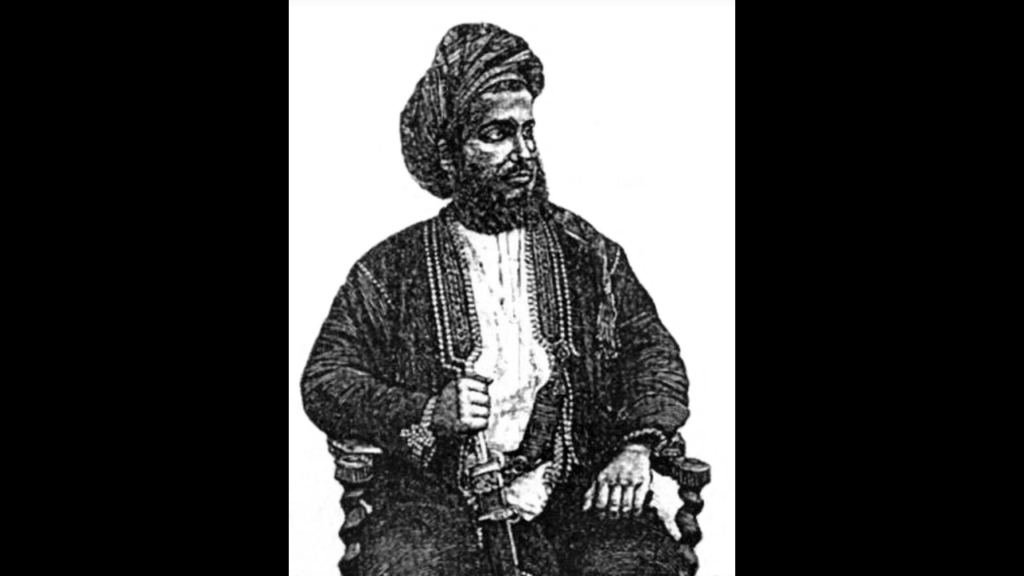 Portrait sketch of Sultan Khalid bin Barghash in traditional dress holding a ceremonial dagger