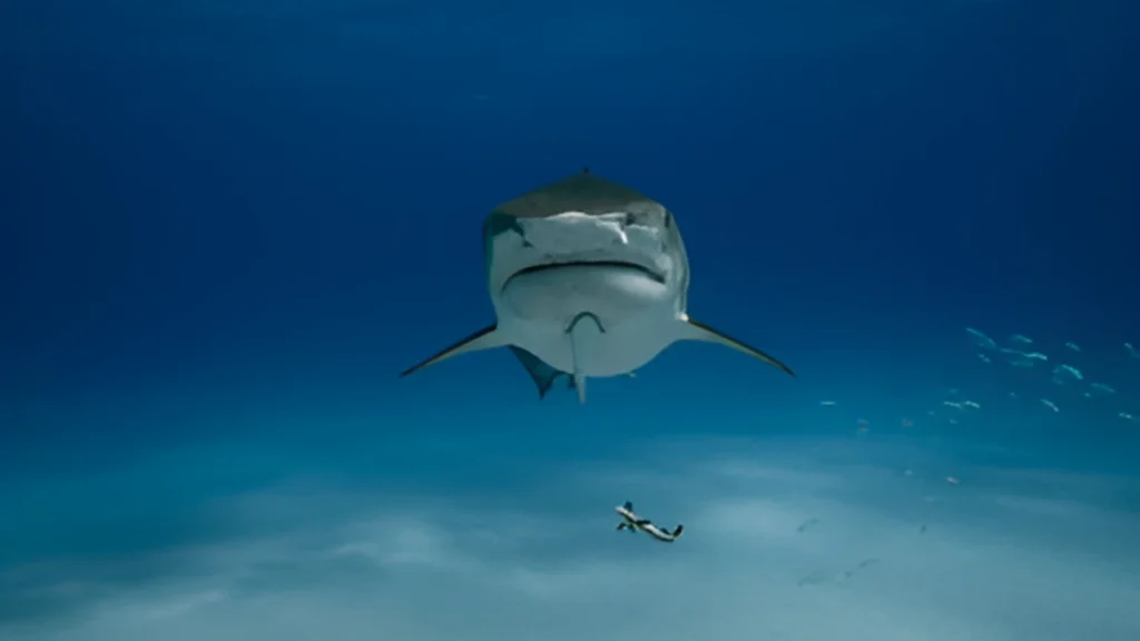 Do sharks have bone, and  do sharks have lungs spacially large Tiger Shark swimming in the deep blue ocean above a tiny diver silhouette.