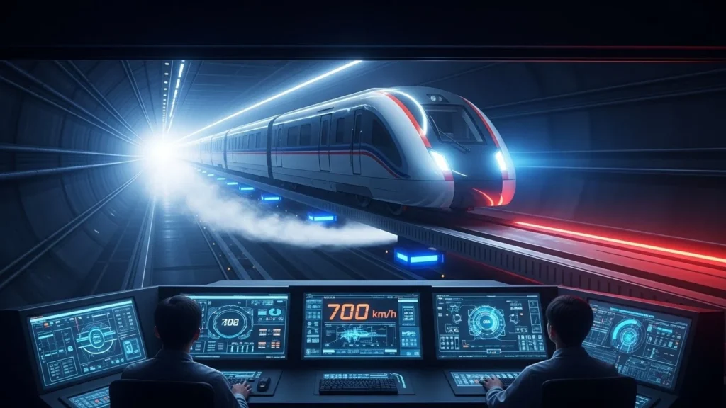 Concept image explaining how do maglev trains work, showing a maglev train achieving extreme high-speed travel over long distances.