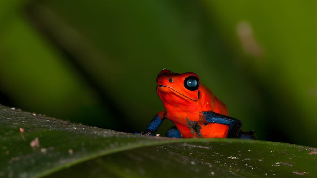 Strawberry poison dart frog (Oophaga pumilio) resting on a leaf, highlighting poisonous frogs' vibrant colors.