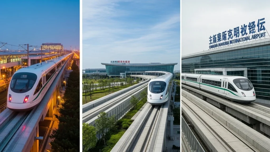 Visual comparison of maglev trains in China, Japan, and South Korea highlighting magnetic levitation rail systems.