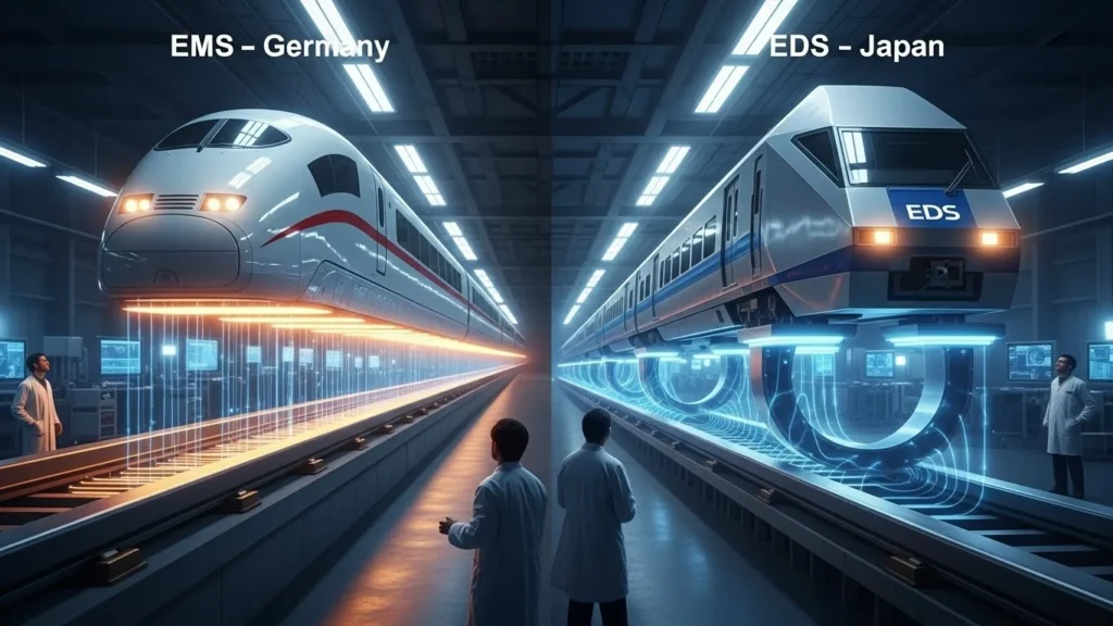 Diagram showing EMS and EDS maglev train technology, explaining different magnetic suspension systems.