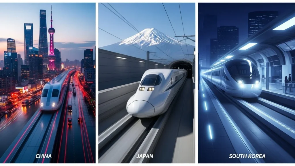 Comparison image showing high-speed maglev trains from China, Japan, and South Korea using magnetic levitation technology.