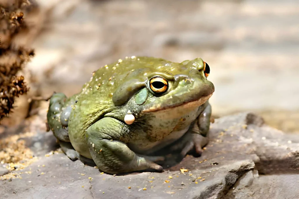 A large Colorado River toad (Incilius alvarius), also known as the Sonoran Desert toad, showing its olive-green leathery skin and prominent parotoid glands which secrete potent toxins, making it one of the most famous poisonous frogs and toads in North America.