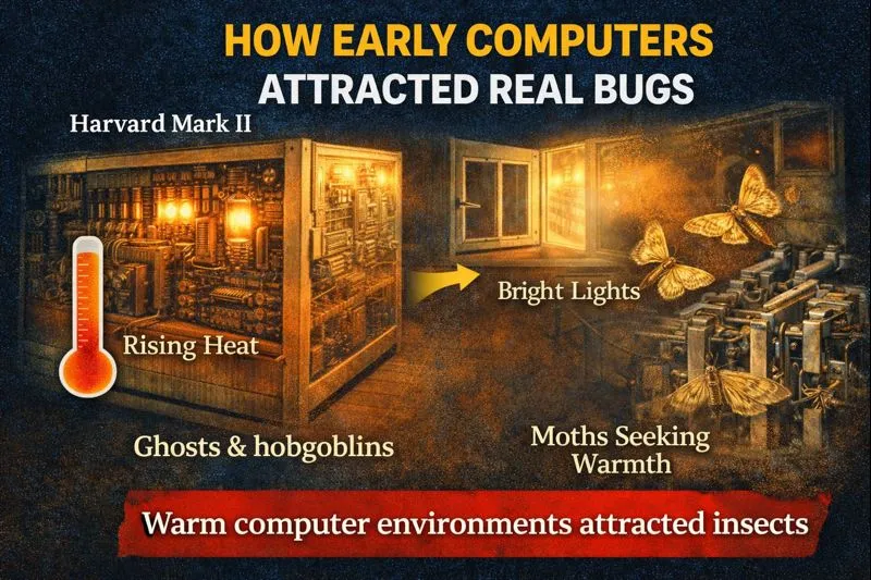 Illustration showing how the rising heat and bright lights of the Harvard Mark II attracted real insects into the system.