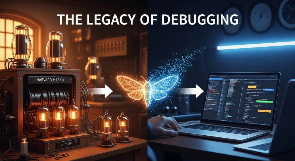 A visual comparison showing the legacy of debugging from 1940s vacuum tubes to modern software development on a laptop.