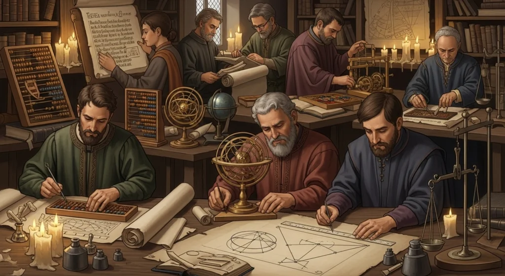 Scholars and mathematicians using early calculation tools before the era of Grace Hopper and electronic computing.