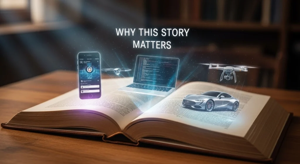 A 3D book illustration showing why the story of the first computer bug matters for modern tech like cars and drones.