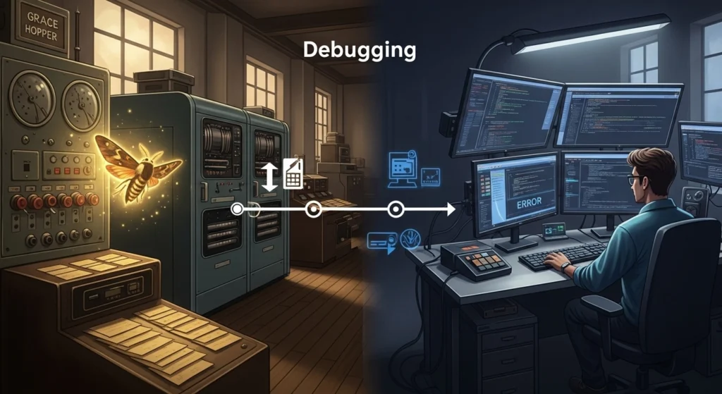 A split-screen graphic tracing the history of debugging from physical moth removal to modern code error fixing.