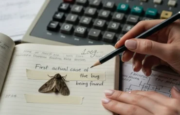 A recreation of the famous logbook entry by Grace Hopper featuring a moth taped to the page as the "first actual case of bug being found."