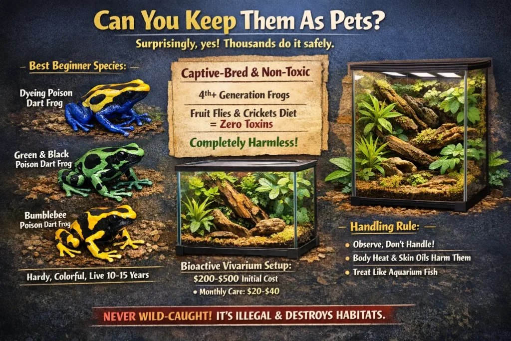 can you keep poison frogs as a pet or not, visuals with different poison frogs.