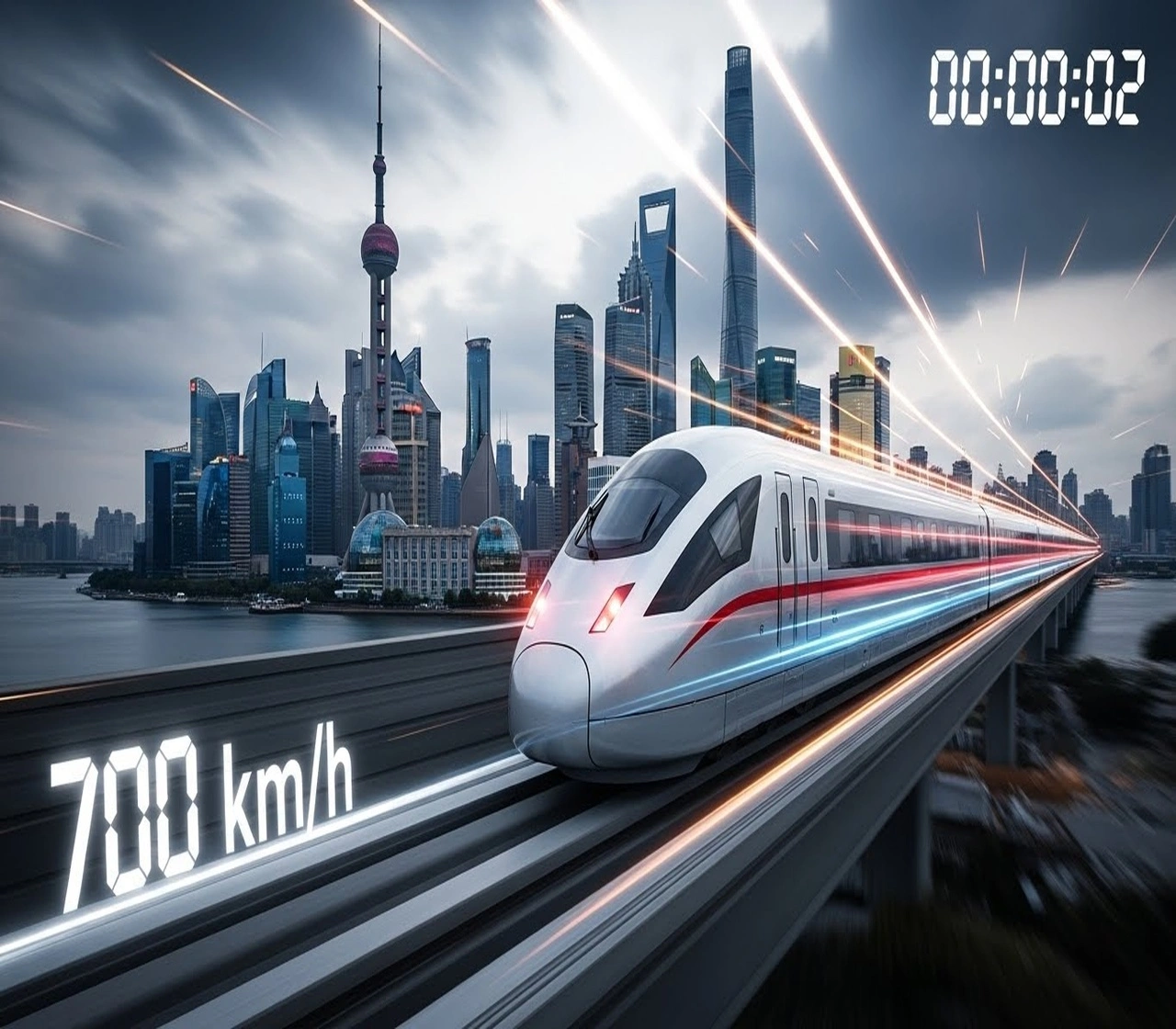 Concept illustration of a maglev train showing extreme maglev train speed, representing travel of 700 kilometers in seconds.