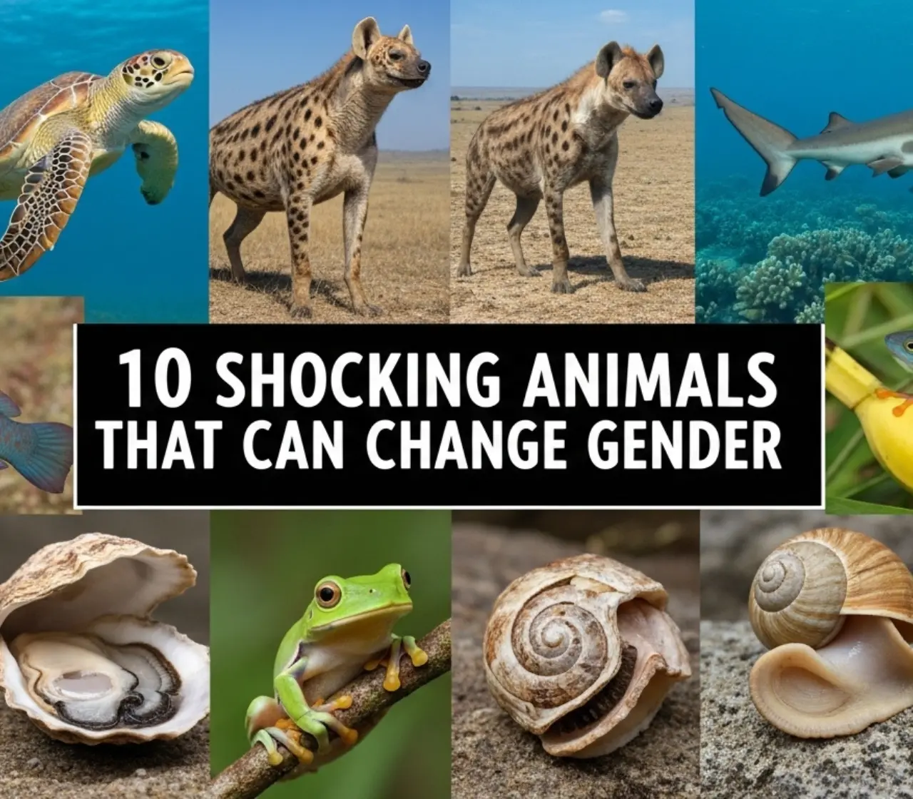 A collage of diverse animals that change gender, including sea turtles, hyenas, sharks, and oysters, exploring the concept of sequential hermaphroditism.