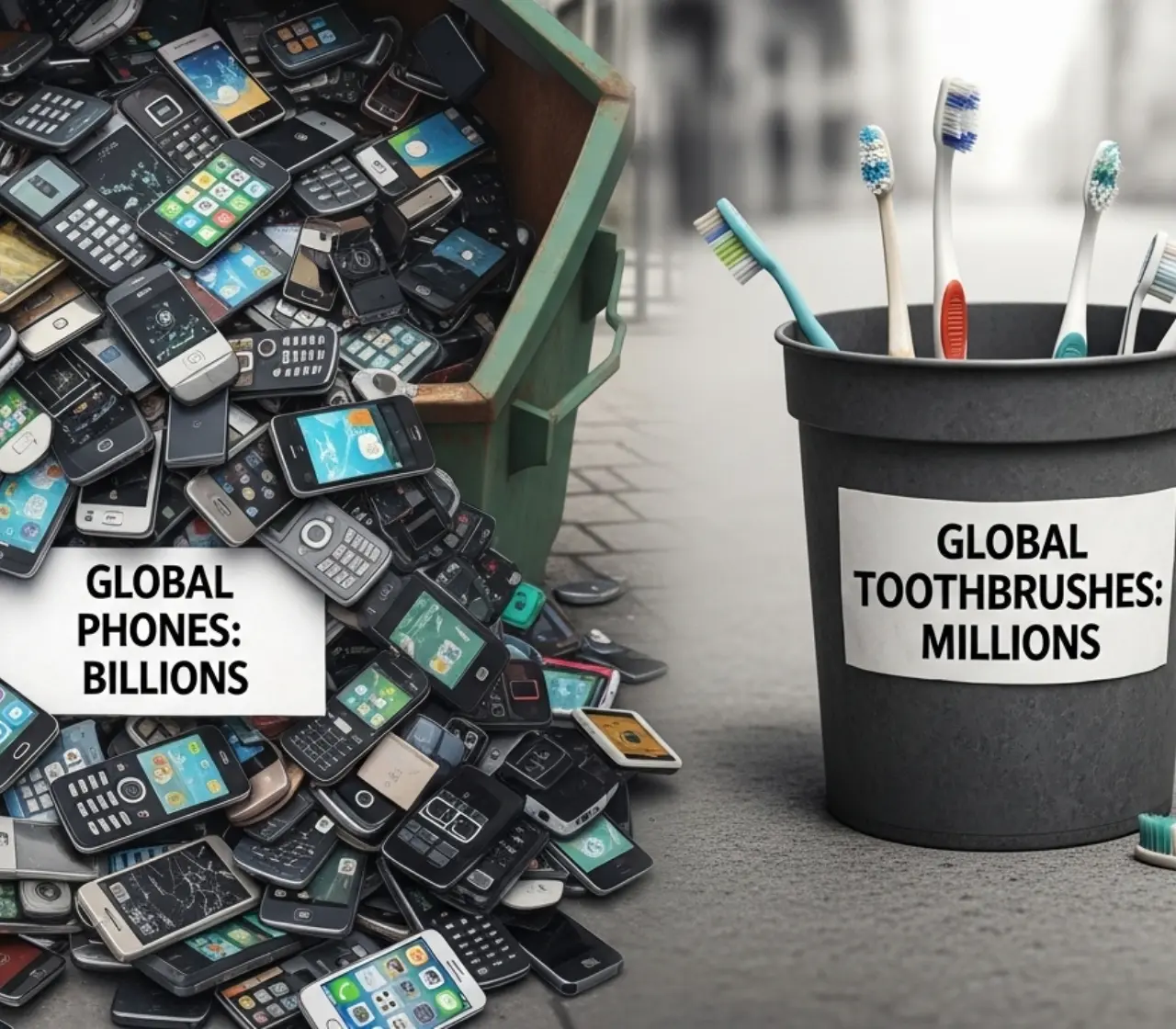 A split-screen graphic highlighting the contrast in mobile phones vs toothbrushes ownership, showing a massive bin of billions of mobile phones next to a small container representing only millions of toothbrushes to illustrate high global mobile phone penetration.