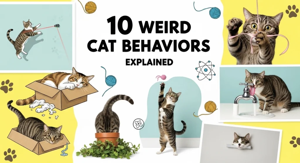 A colorful collage titled "10 Weird Cat Behaviors Explained" featuring various cats engaging in funny habits like sitting in boxes, chasing lasers, and drinking from a faucet.