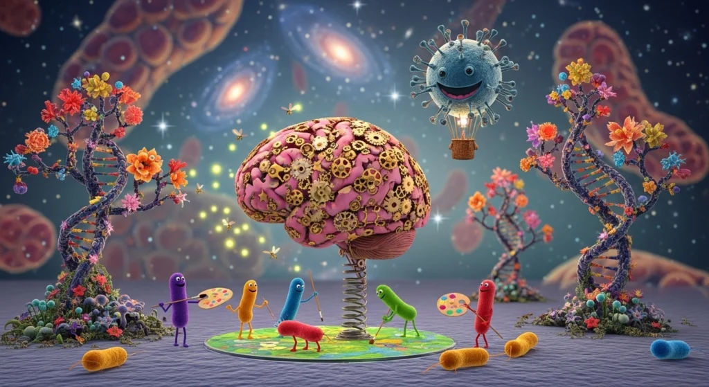 A creative 3D illustration of a brain with gears and microbes, representing the complex biological triggers of sequential hermaphroditism in nature.