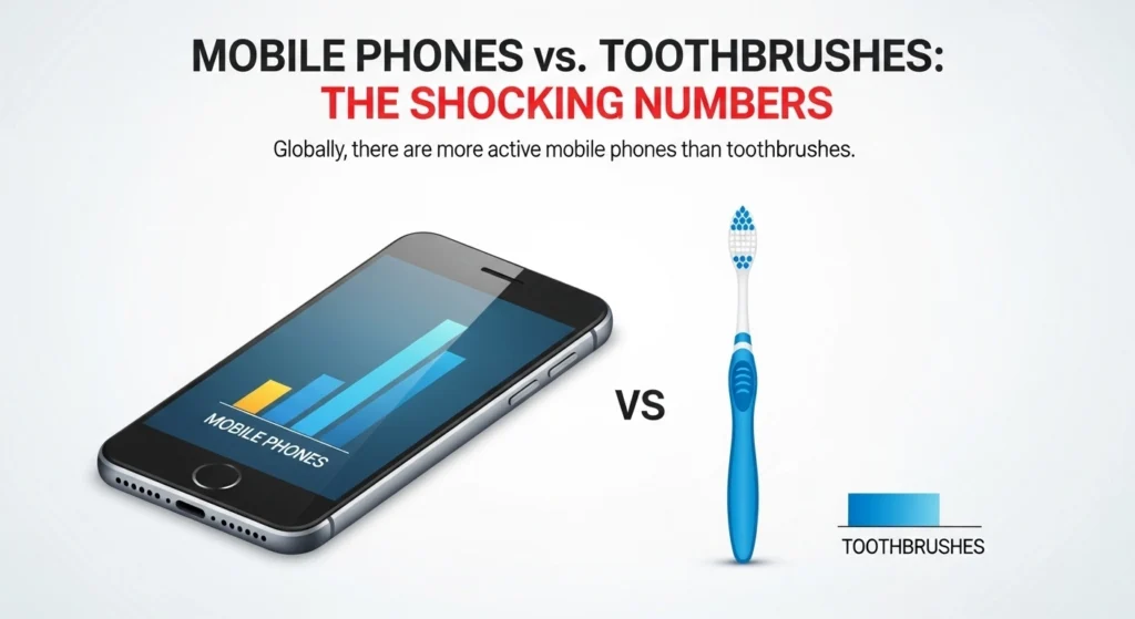 An infographic titled "The Shocking Numbers" comparing mobile phones vs toothbrushes, featuring a bar graph on a smartphone screen that significantly outweighs the data for toothbrushes, showcasing current mobile phone statistics worldwide.