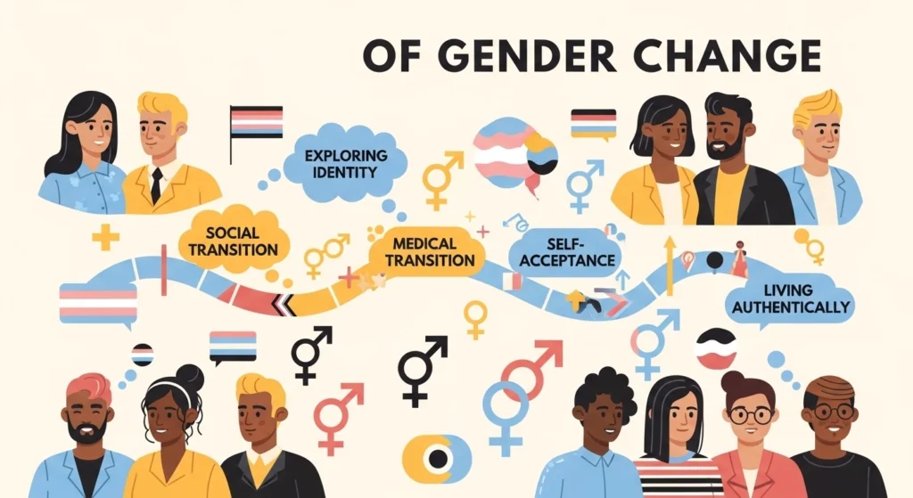 An infographic illustrating the human journey of gender change, highlighting social transition, medical steps, and self-acceptance.