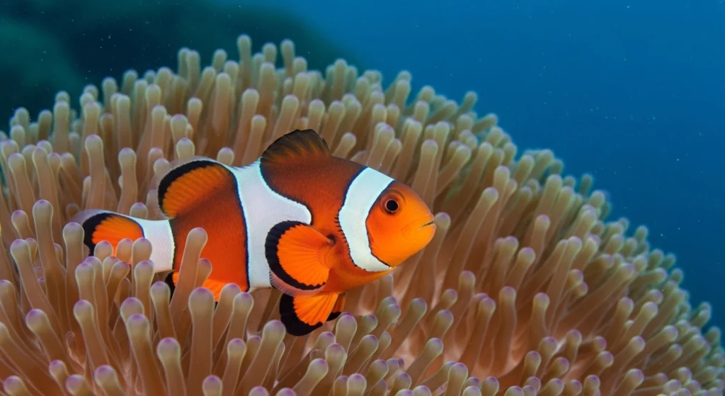 A bright orange clownfish nestled in a sea anemone, a famous example of clownfish gender change in the wild.