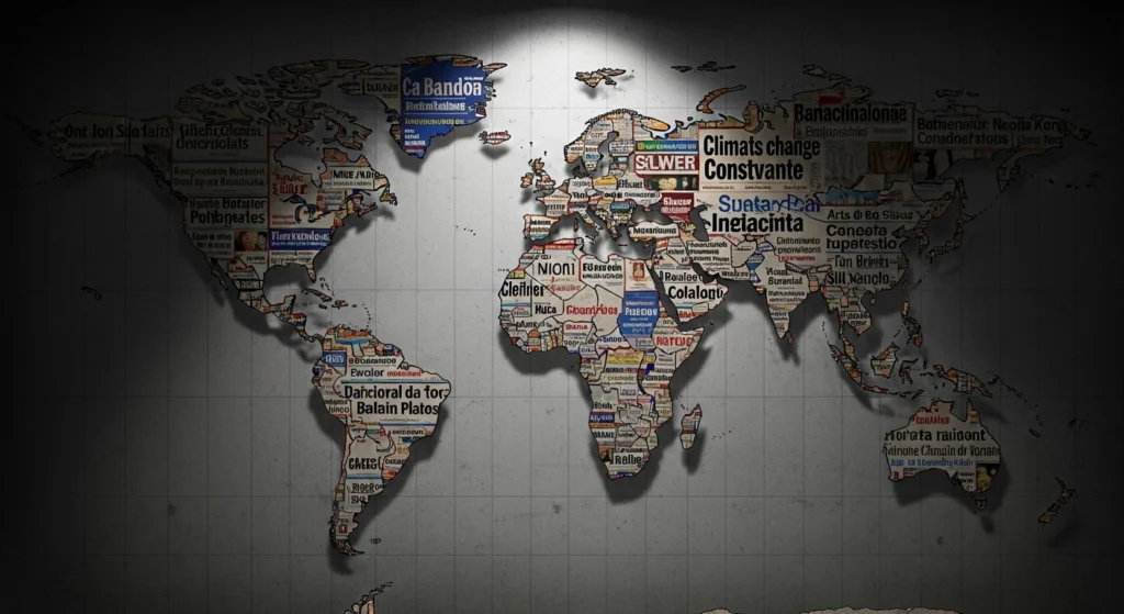 A world map comprised of global newspaper clippings with a spotlight on the center, representing the impact of mobile phones in developing countries on the spread of information and global news.