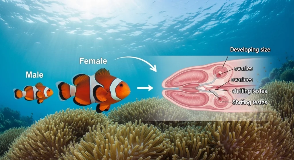 A scientific diagram showing a male to female clownfish gender change, detailing the development of ovaries and shrinking of testes.