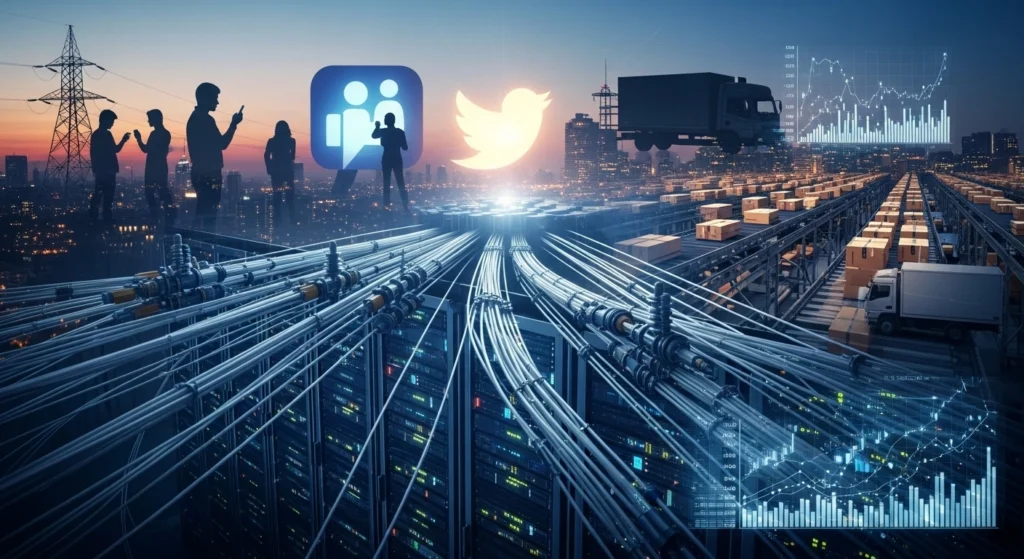 A high-tech server farm at sunset with glowing data lines and social media icons, symbolizing the digital infrastructure that supports global mobile phone penetration and real-time connectivity.