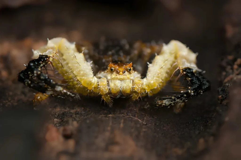 An extreme macro shot showing the glistening, bumpy texture of a Bird-Dropping Spider. The wet-looking white secretions on its abdomen mimic the uric acid found in bird waste, enhancing the disguise.