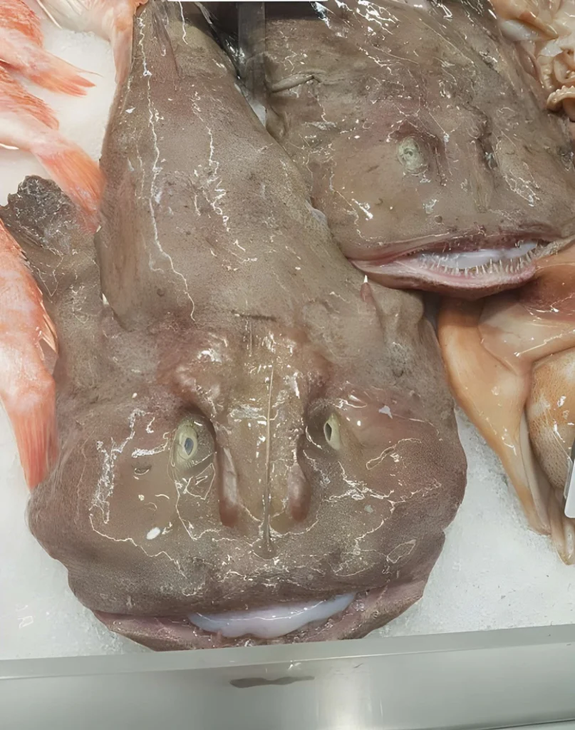 A side-view of a pale pink, gelatinous blobfish lying on a surface. Due to low pressure, its body has collapsed, creating a large bulbous "nose" and a distinctive frowning mouth.