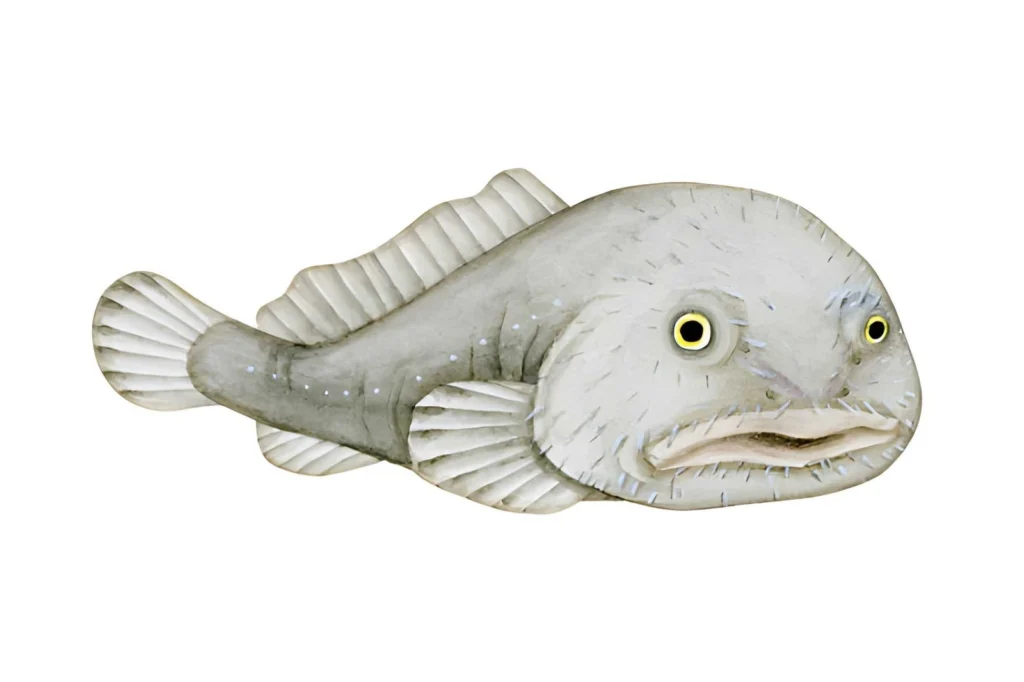 A scientific illustration of a blobfish as it appears thousands of feet underwater. It looks like a typical bony fish with a sturdy, slightly bulbous head and pale, mottled skin.