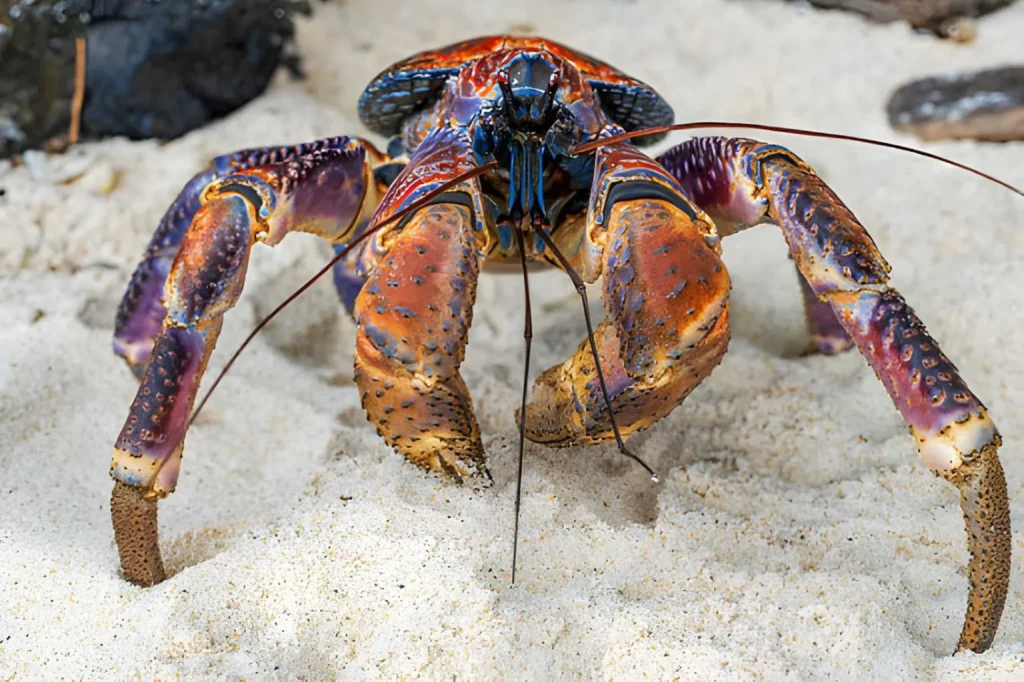 A giant Coconut Crab using its long, sharp legs to climb vertically up the trunk of a coconut palm. Its large, purplish-blue body is prominent against the textured bark of the tree.