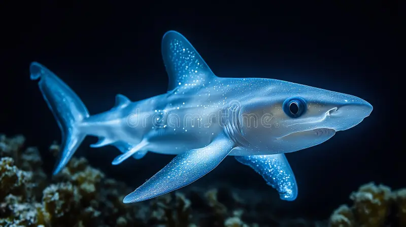 A side profile of a pale, silvery-blue Ghost Shark (Chimaera) swimming in dark water. It has a distinctive pointed snout, large reflective eyes, and wing-like pectoral fins.