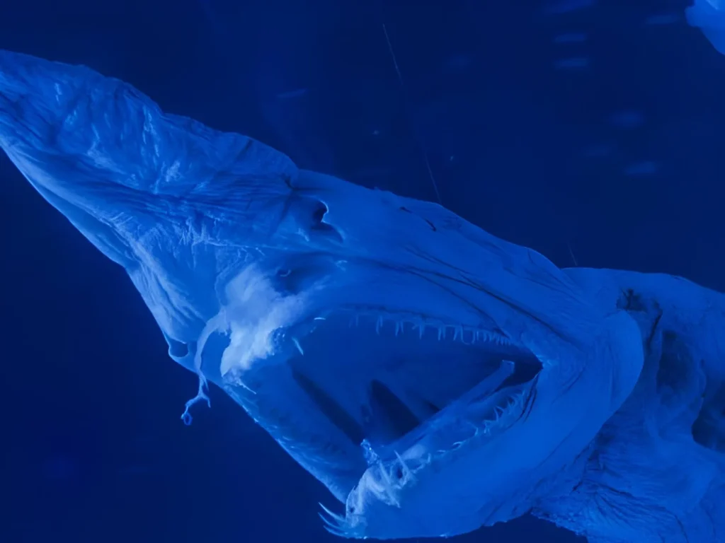A side-view of a Goblin Shark with its jaws fully extended forward in a striking position. The translucent pinkish skin and the sharp, nail-like teeth are visible as they protrude far beyond the shark's snout.