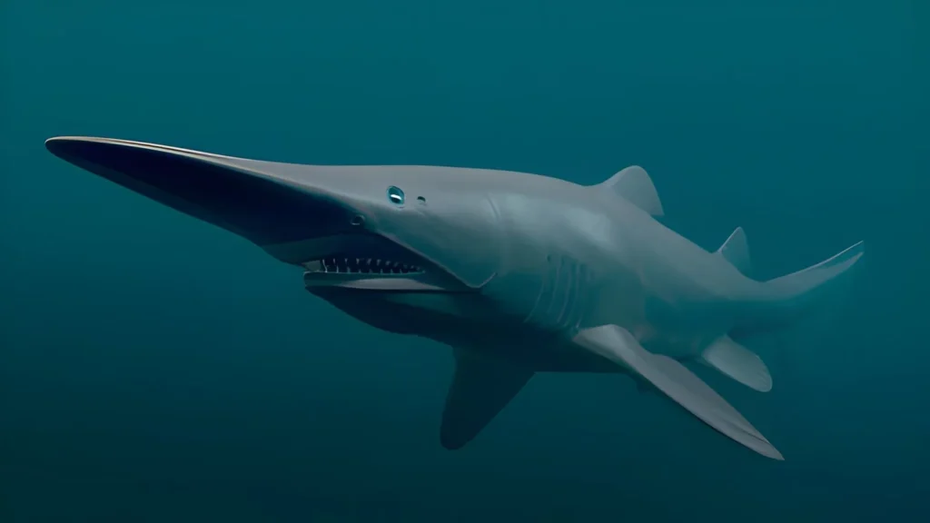 A profile shot of a Goblin Shark floating in deep water, highlighting its elongated, blade-like snout (rostrum). The snout is covered in sensory pores used to detect electrical fields of prey in the dark.