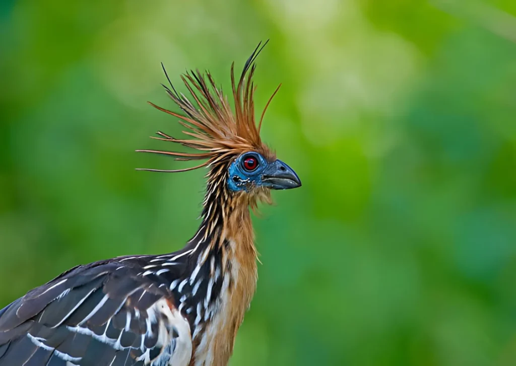 A side profile of an adult Hoatzin bird with a small head, a bright blue face, and a distinctive spiky reddish-brown crest. Its feathers are a mix of dark brown and buff-colored streaks.