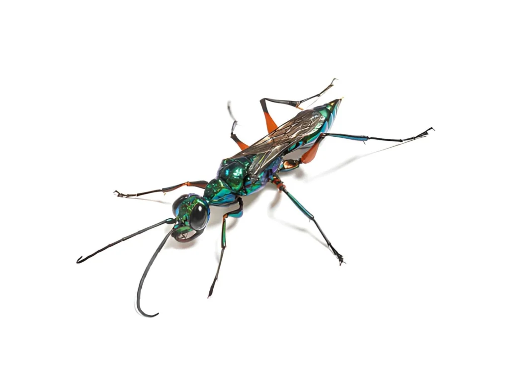 A stunning macro close-up of a Jewel Wasp, showcasing its metallic, iridescent blue-green exoskeleton and long, slender antennae against a soft-focus natural background.