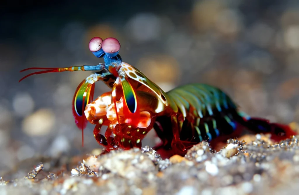 A side profile of a Peacock Mantis Shrimp displaying its brilliant rainbow-colored shell, with bright green, orange, and blue plates and large, bulbous stalked eyes.