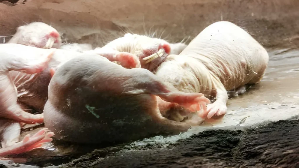 A side view of a star-nosed mole with thick, water-repellent dark fur and large, shovel-like claws for digging. Its unique star-shaped nose is visible as it searches through damp soil and leaf litter.