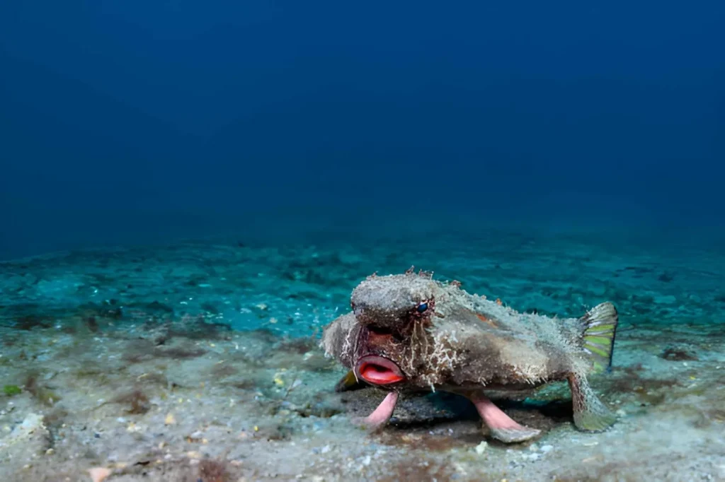A side-view of a Red-Lipped Batfish using its modified pectoral and pelvic fins like legs to stand on the sandy seabed. Its body is flattened and covered in rough, sand-colored skin.