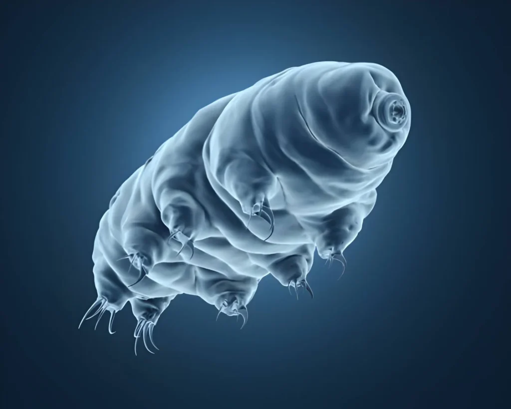 A microscopic view of a tardigrade that has curled into a "tun"—a dried-out, shriveled ball. In this state of cryptobiosis, its metabolism drops to 0.01% of normal to survive extreme environments.