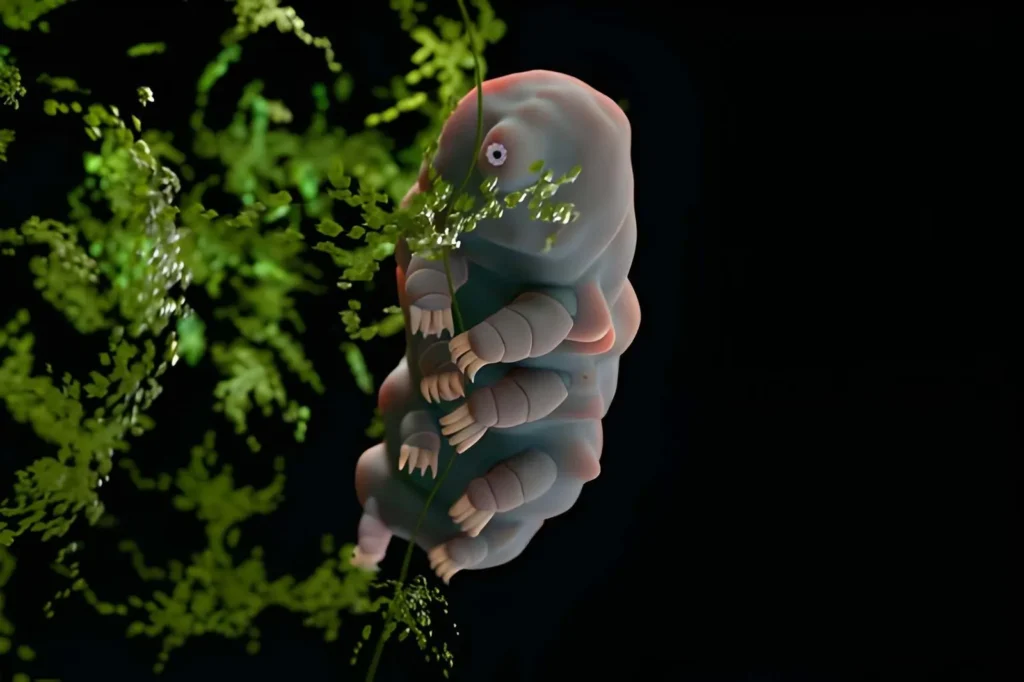 A highly detailed scanning electron microscope (SEM) image of a tardigrade, showing its plump, segmented body, wrinkled skin, and eight stubby legs ending in sharp, curved claws.